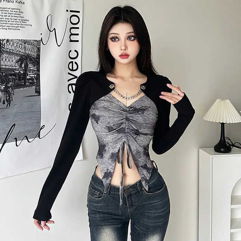 Patchwork Print T-shirt Vintage 90s Aesthetic Girls Y2k Tops Harajuku Gothic Streetwear Slim Long Sleeve Tees Drawstring Clothes