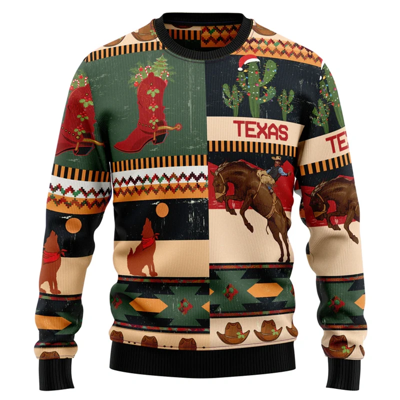 

2026 Retro Cowboy Graphic Ugly Christmas Sweater For Men Autumn Vintage Crewneck 3D Printed Sweatshirt Loose Breathable Pullover