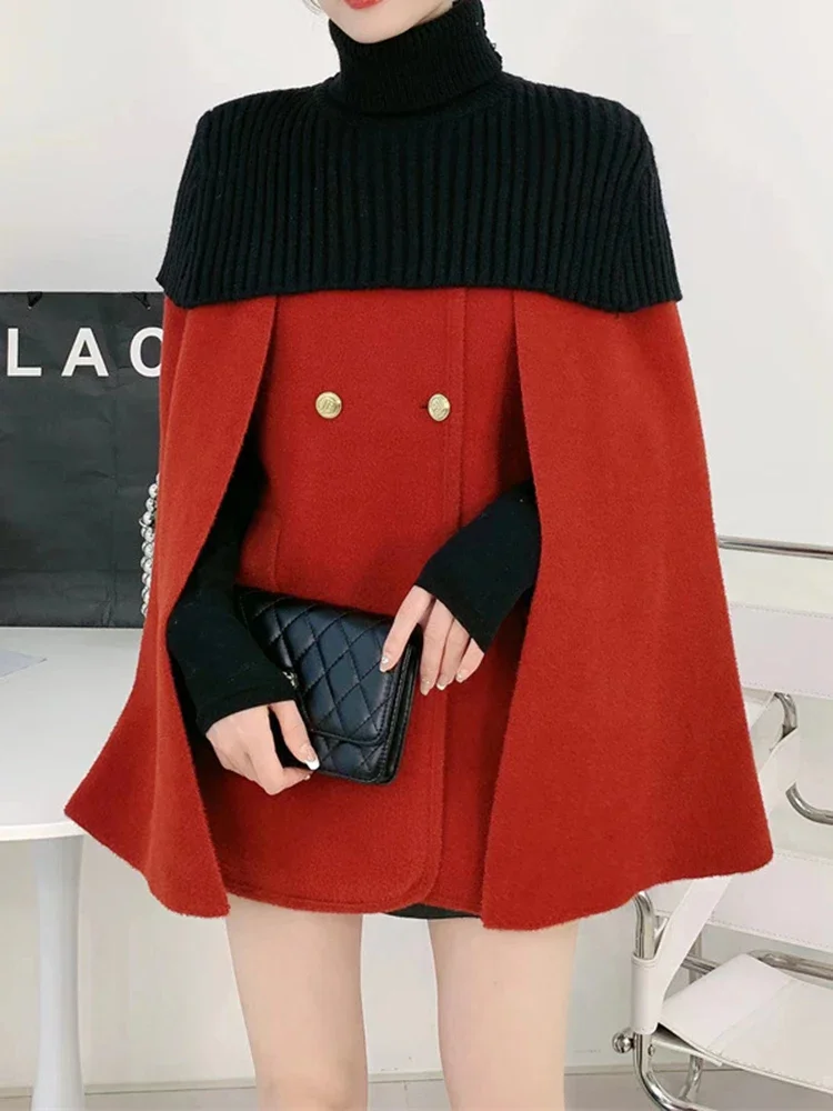 

Elegant Temperament Jacket Office Lady Knit Cloak Coat Turtleneck Sweater Shawl Two-piece Set Women Autumn Winter 2025 New