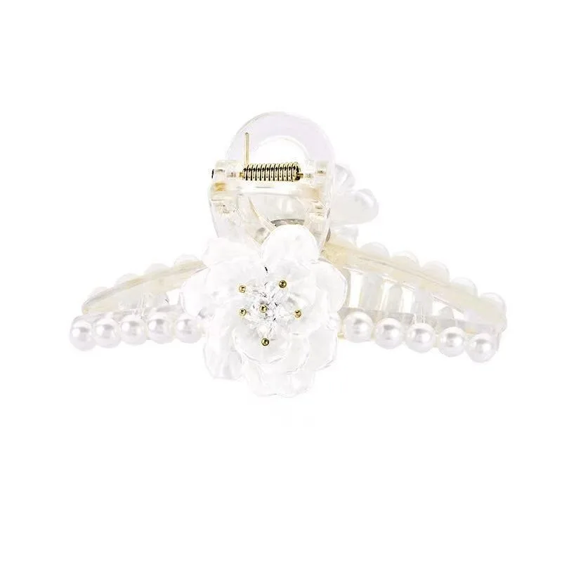 مشبك إمساك على شكل زهرة اللؤلؤ، مشبك شعر كبير على شكل قرش، دبوس شعر للرأس الخلفي