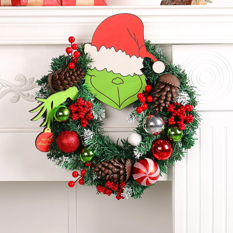 

Green haired monster pine cone vine circle Christmas wreath wall hanging