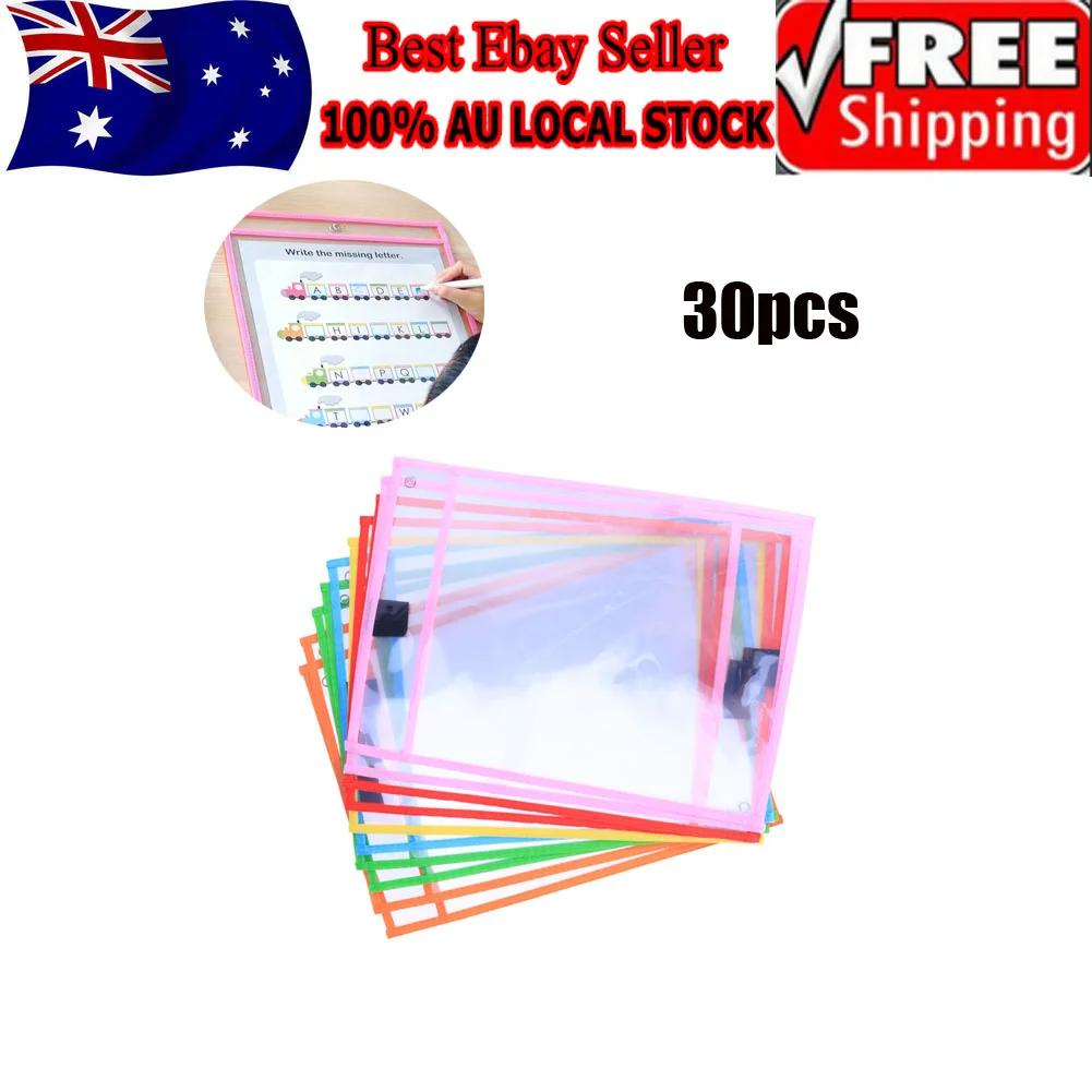 30 Pcs Write and Wipe Pockets Resuable Dry Erase Tuition Bag Multicolor Sleeves