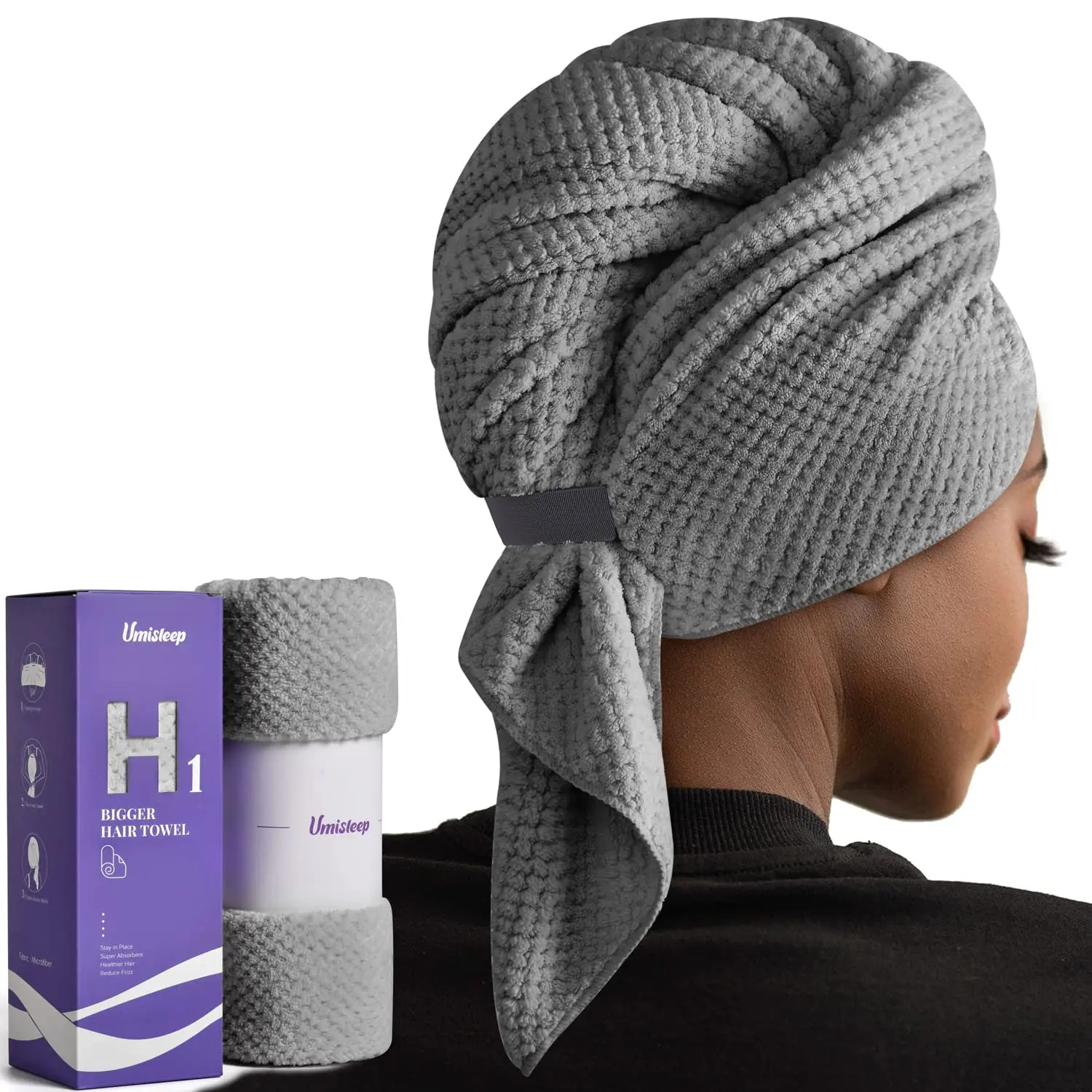 

Extra Large Microfiber Hair Towel for Long Curly Thick Hair - Super Soft Anti Frizz Quick Dry Hair Wrap with Elastic Band Grey