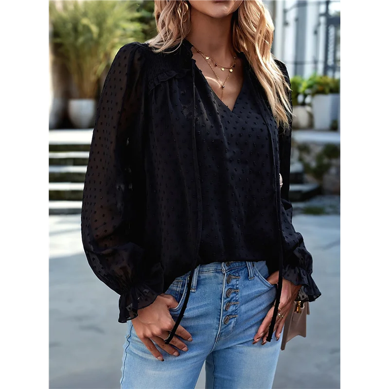 

Women's Casual Blouse Swiss- Dot Summer Shirts Elegent V Neck Long Sleeve Loose Dressy Office Tops