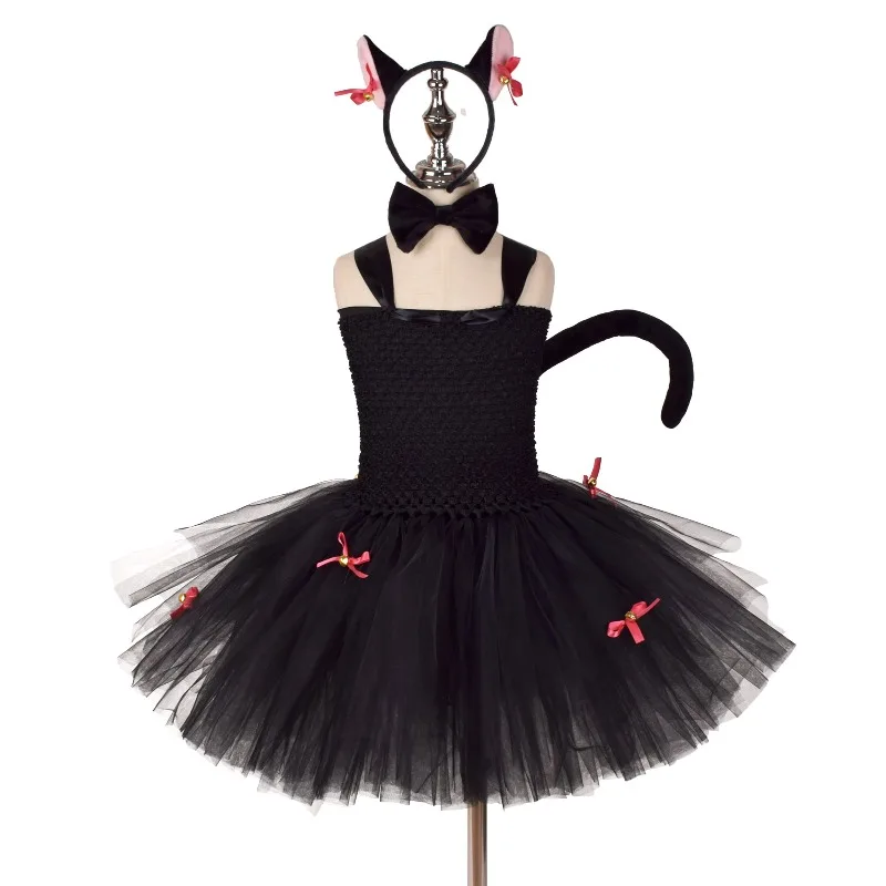 Black bell tulle puffy dress for girls, cute patterned tulle mini skirt, stage performance clothes for Children's Day parties