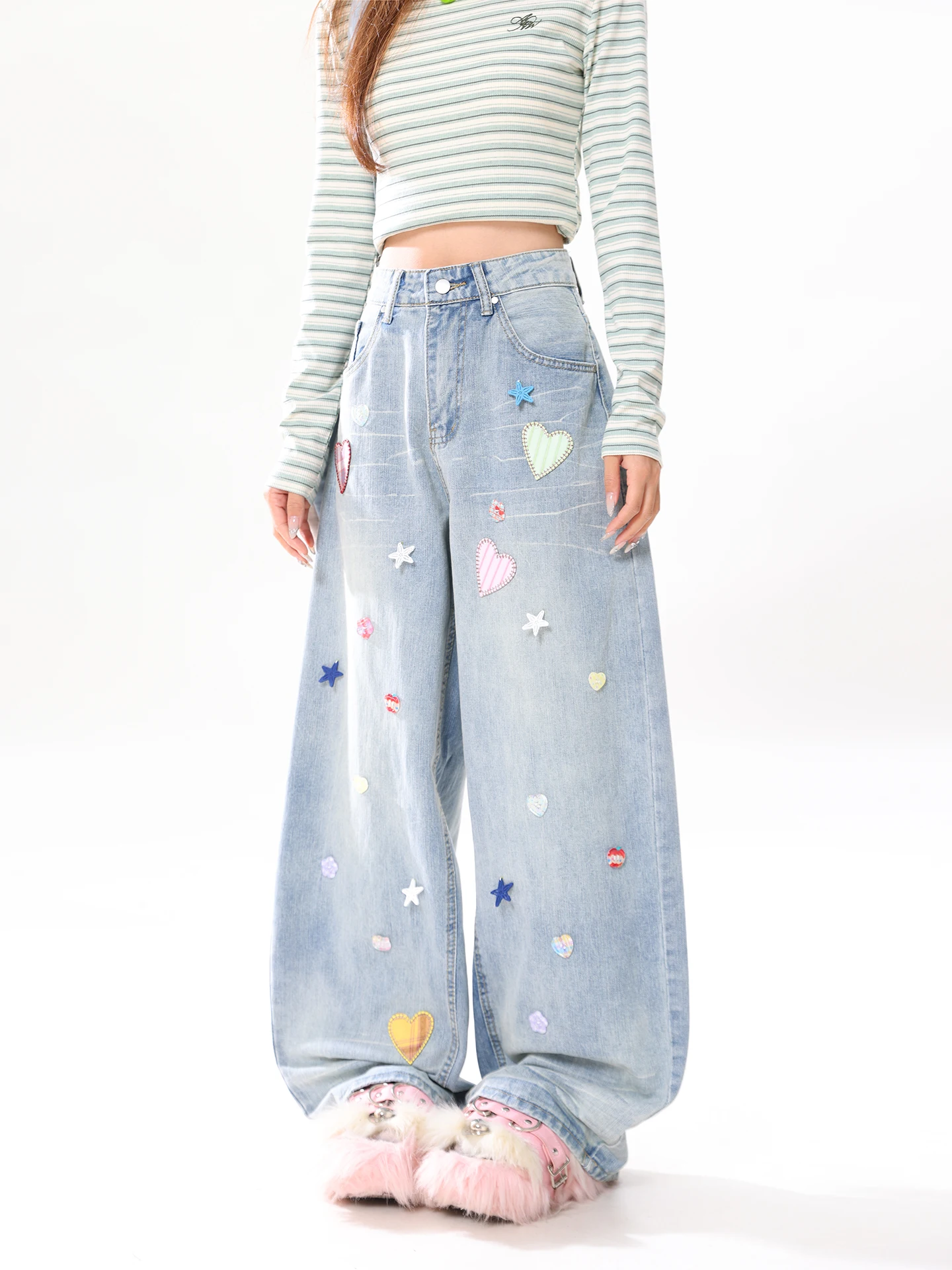 

Sweet Cool Dopane Fun Heart Star Button Decorative Wide Leg Loose Jeans Women's Waed High Waist Cotton Denim Pants