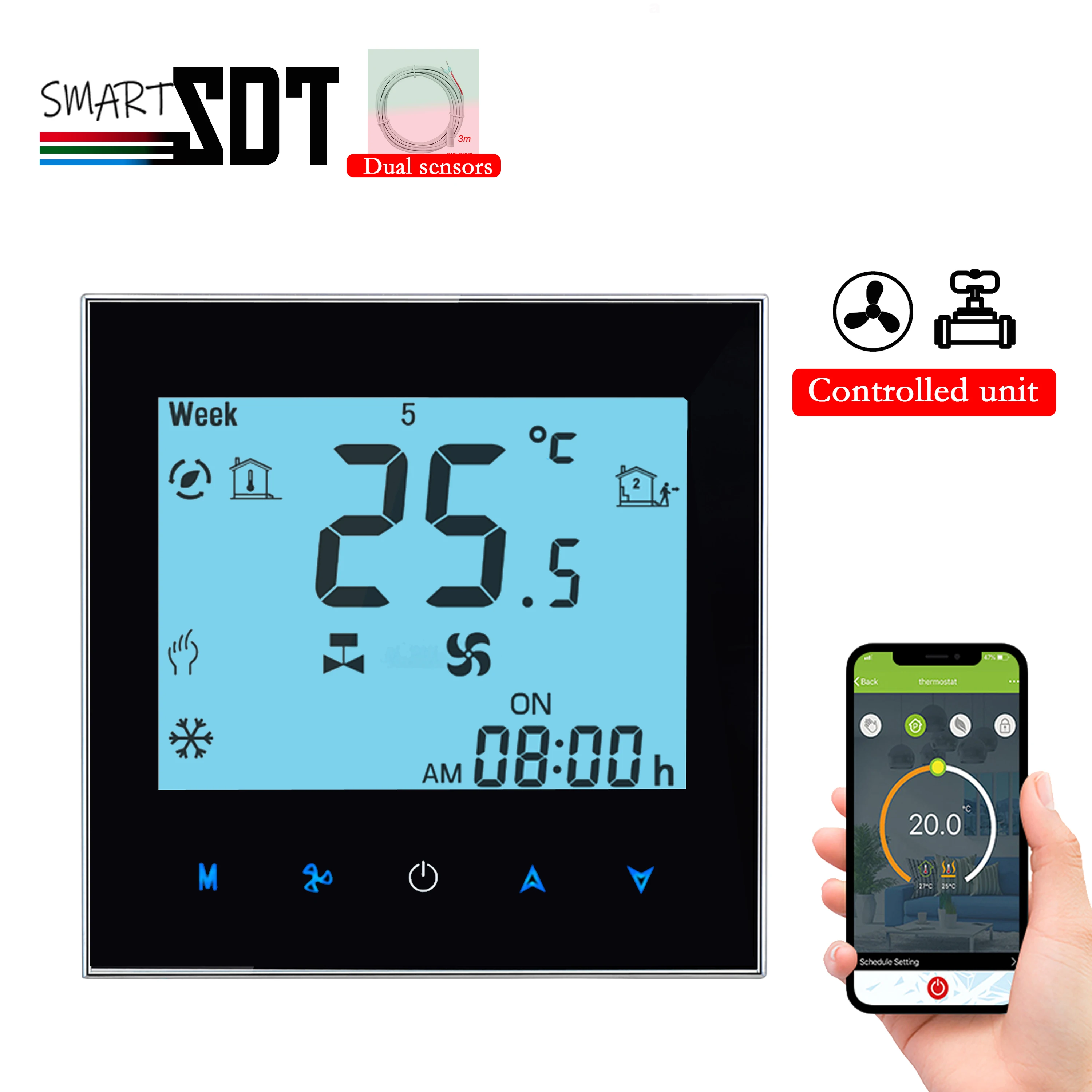 Smart WiFi/RS485 Thermostat With 0-10V Analog,100% NC/NO Valve,Dual Sensor,3-Speed Fan,Remote Cooling/Heating Control