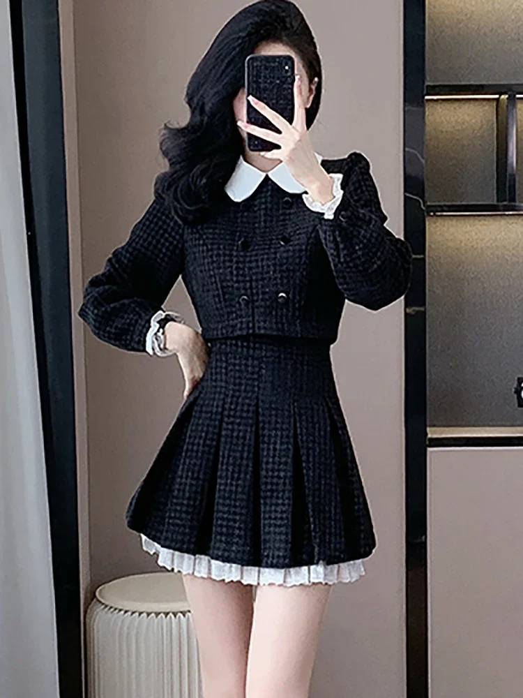 Black Plaid Tweed Long Sleeve Polo Collar Mini Dress for Women Autumn Winter Elegant Pleated Ruffled Dress 2024 Korean Vestidos