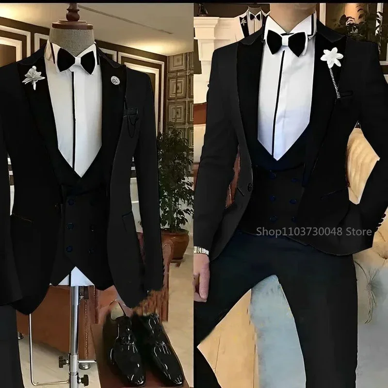 3 Pieces Solid Men\'s Suit One Button Peak Lapel Jacket Vest Trousers Dinner Wedding Groom Tuxedos Slim Fit Formal Business Suits