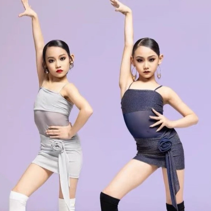 여아용 라틴 댄스 드레스 세트, 홀터 메쉬 스커트, 2025 여름 신상 차차 삼바 룸바 댄스 트레이닝 공연 의상