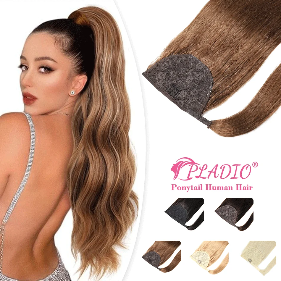 PLADIO Straight Ponytail Human Hair Wrap Around Ponytail 100% Real Brazilian Remy Human Hair Ponytail Extensions 60-160g