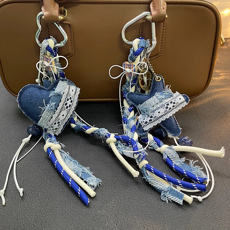 

Новый Ins Same Niche Denim Love автомобильный брелок для ключей сумка кулон ручной работы пара тканый ремешок сумка подвесная сумка детали аксессуары