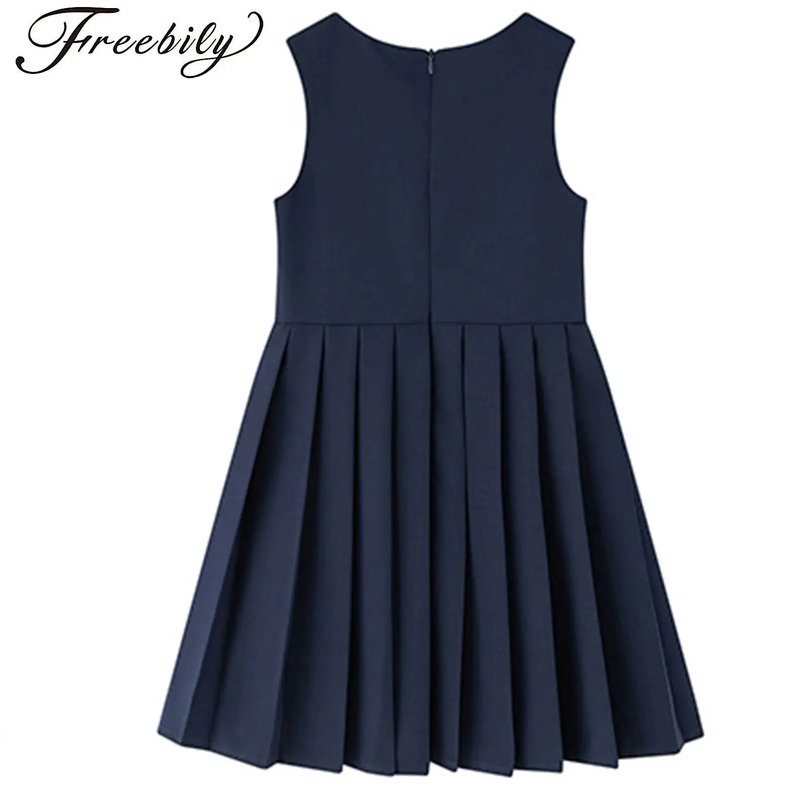 Kids Girls School Uniform Vest Dress Round Neck Sleeveless Pleated Tank Dress JK Style Dress School Days Birthday Party Costumes