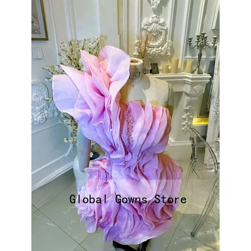 Asymmetric Ruffle Mini Cocktail Dress One Shoulder Chiffon Bead Prom Party Dress Puffy Tiered Floral Short Prom Gown Customized image 6