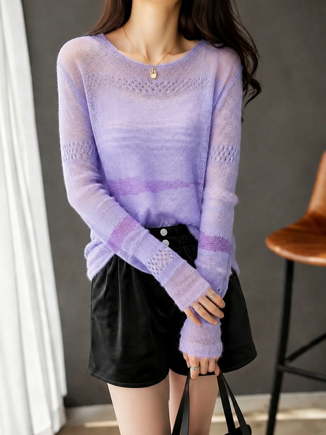 2026 Autumn New round Neck Hollow out Knitted Top Slimming Commute Versatile Long Sleeve Silk Women's Fashion Top