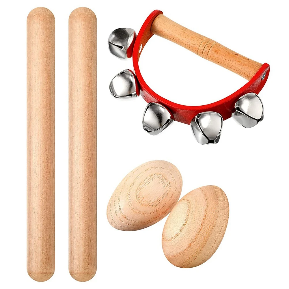 Musical Percussion Instrument Set,Rhythm Sticks + Wood Egg Shakers + Tambourine Jingles Bell,for Christmas Kids