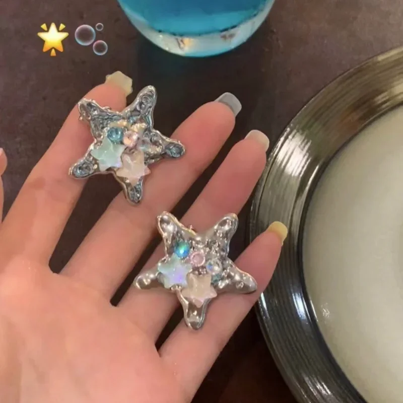 2023 Korean Sweet Cool Y2k Girls Metal Star Hairpin Hair Accessories Trendy Design Liquid Silver Pentagram Hair Clip Headdress