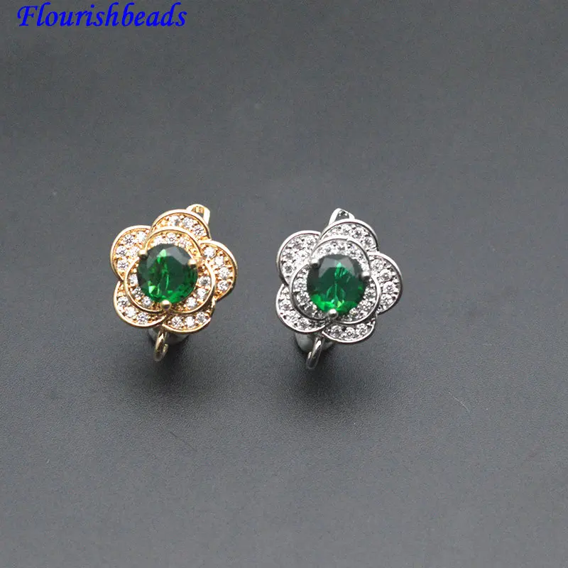 30pc  Big Green CZ Flower Shape Gold Silver Color Metal Earring Making Clasps Wholesale Jewelry Findings