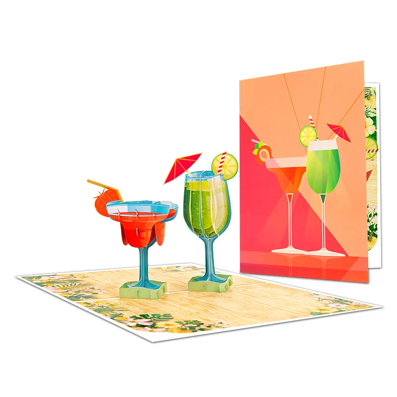 

2Pcs Creative 3D Pop-Up Greeting Card: Tropical Cocktail Party Birthday Card – Handmade Gift