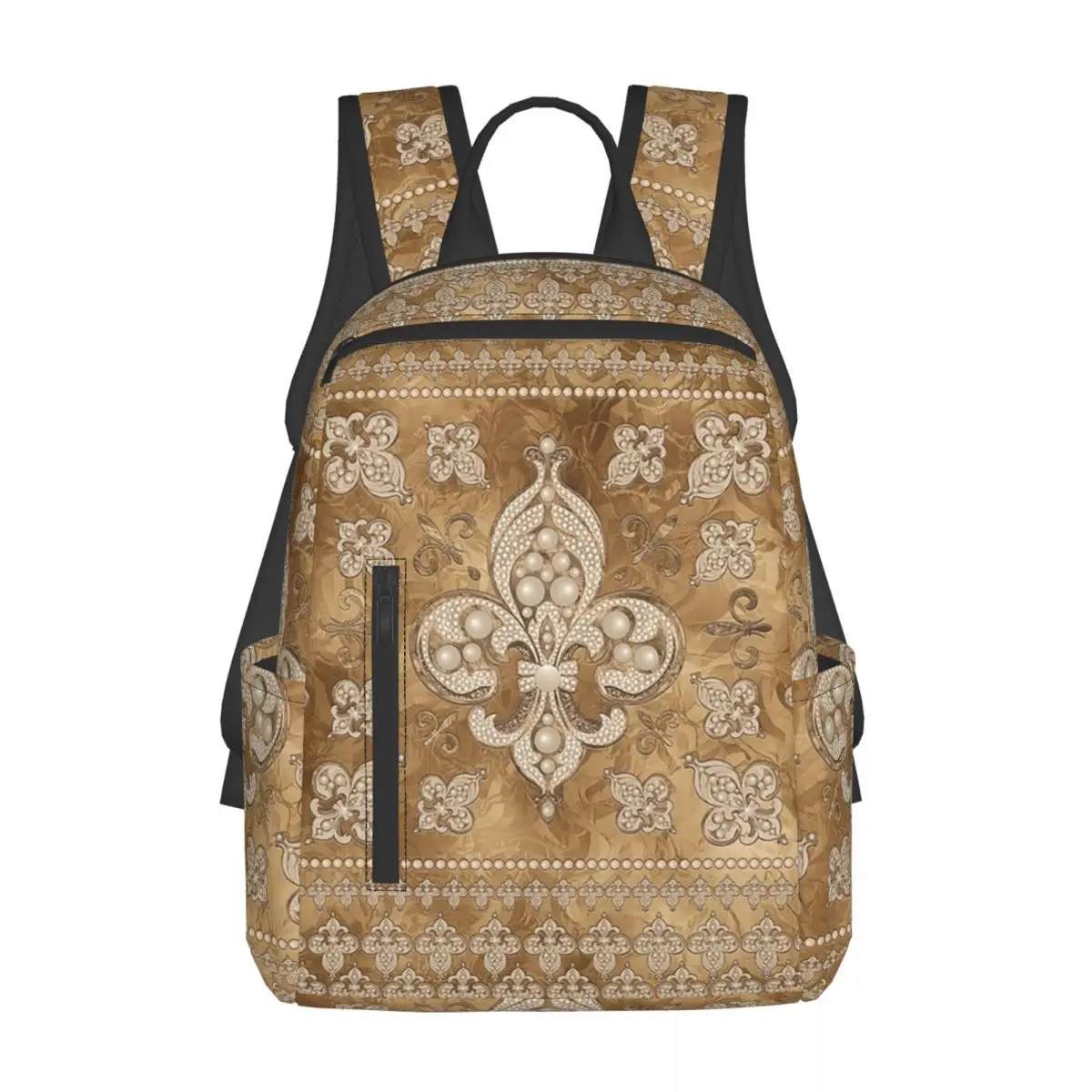 

Fleur-de-lis Luxury Pearl And Gold Backpack Daypack Large Capacity Kids BookBag School Bag Shoulder Bags for Men Women