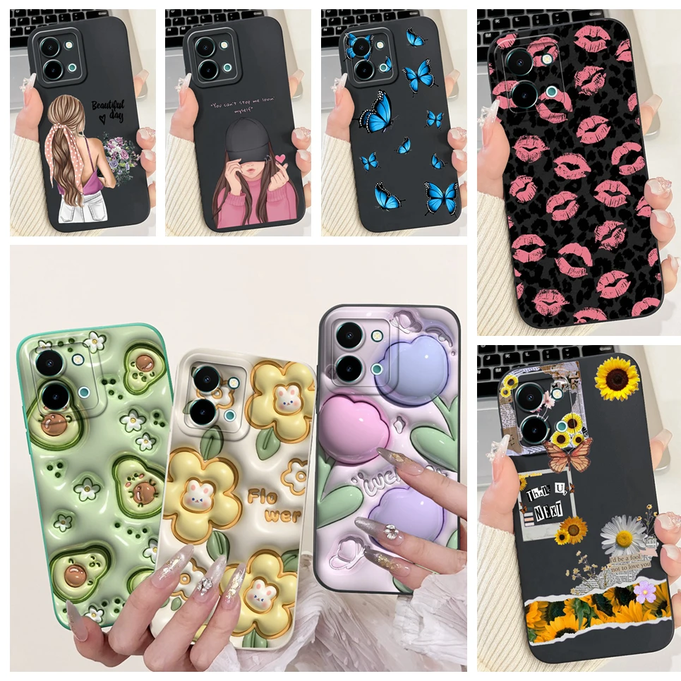 

For Vivo Y28 Y28s 4G 5G Back Cover Vivo Y03 Y03t Y18 Y18i Y18e Funda Flower Butterfly Women Fashion Phone Case Soft Silicone Bag