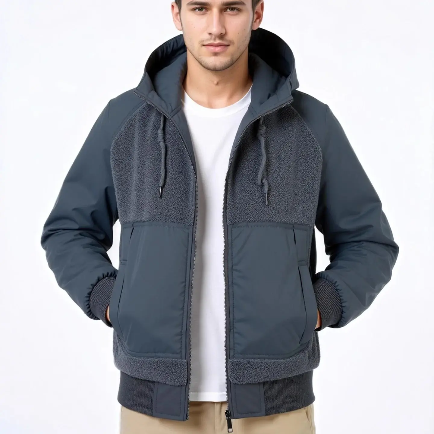 Men's Hooded Fleece Patchwork Jacket Thickened Warm Casual Winter Top Coat 2025 New Autumn And Winter Collection