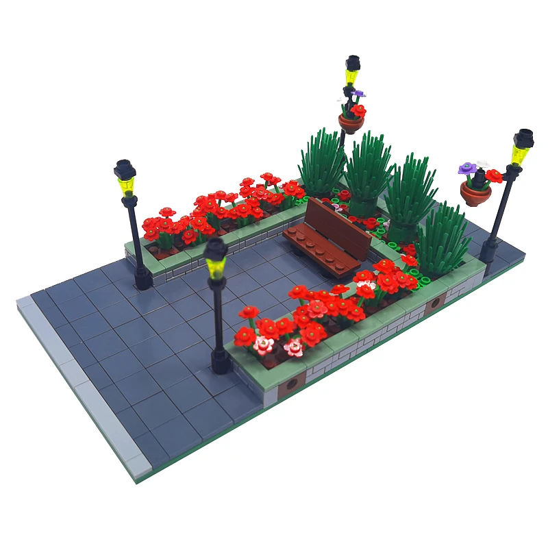 MOC Modell Urban Road Landschaft Street View Park Eine Szene Baum Bank Bausteine DIY Stadt Bau Spielzeug für Kinder – Detail 12