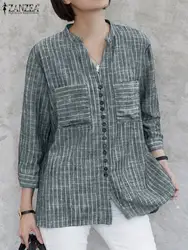 ZANZEA Summer Vintage Striped Shirt Women V Neck 3/4 Sleeve Blouse Fashion Casual Buttons Work Blusas Loose Party Tops Tunic