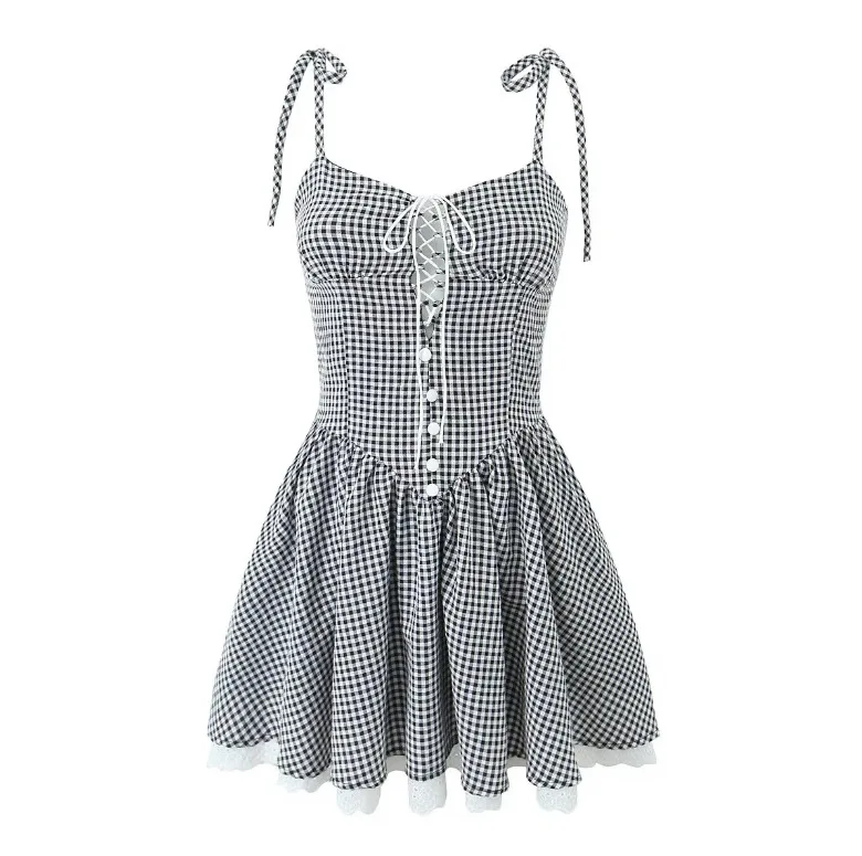 Women Camis Slip Salty Kisses Lace Trim Sling Checkered Mini Dress