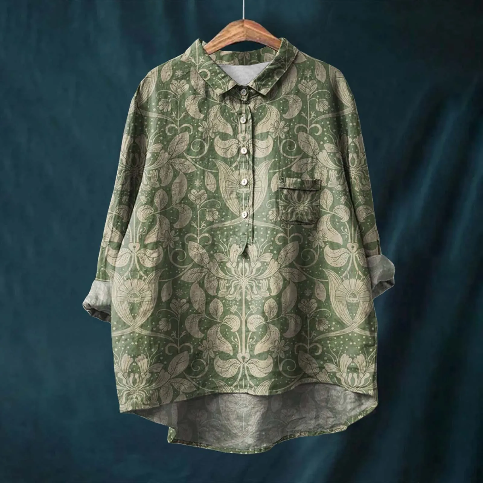 2024 European and American style autumn new long sleeved Chinese style printed fashionable versatile collared shirt