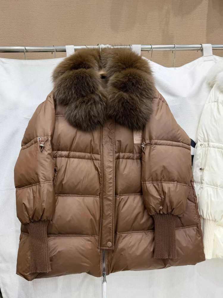 Big Fox Fur Collar Down Jacket 2025 Winter New Fashion Waist Mid-Length Parkas Women Thicken Warm White Duck Puffer Coat Outwear
