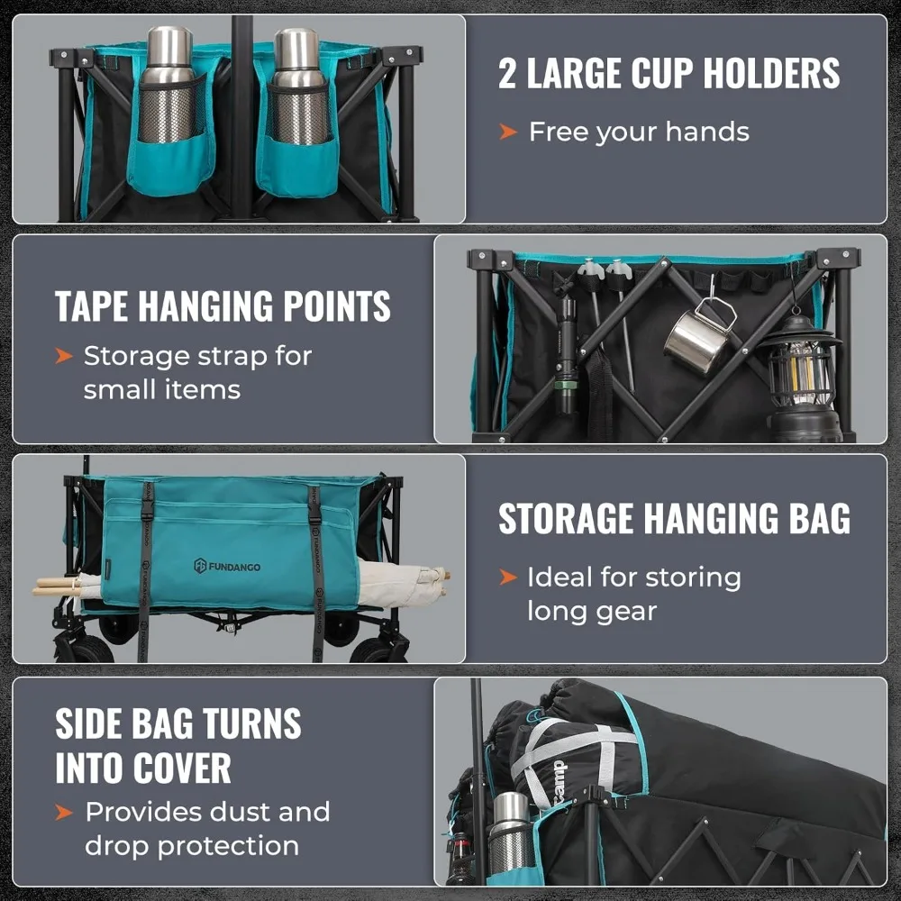 Gerobak Pantai Lipat Tugas Berat 600lbs dengan Rem, Kantong Samping, dan Roda Segala Medan untuk Gerobak Kebun