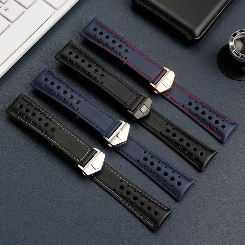 New 22mm Soft breathable crocodile leather Watchband blue For TAG HEUER Strap MONACO CARRERA Watch Band Bracelet Folding Buckle