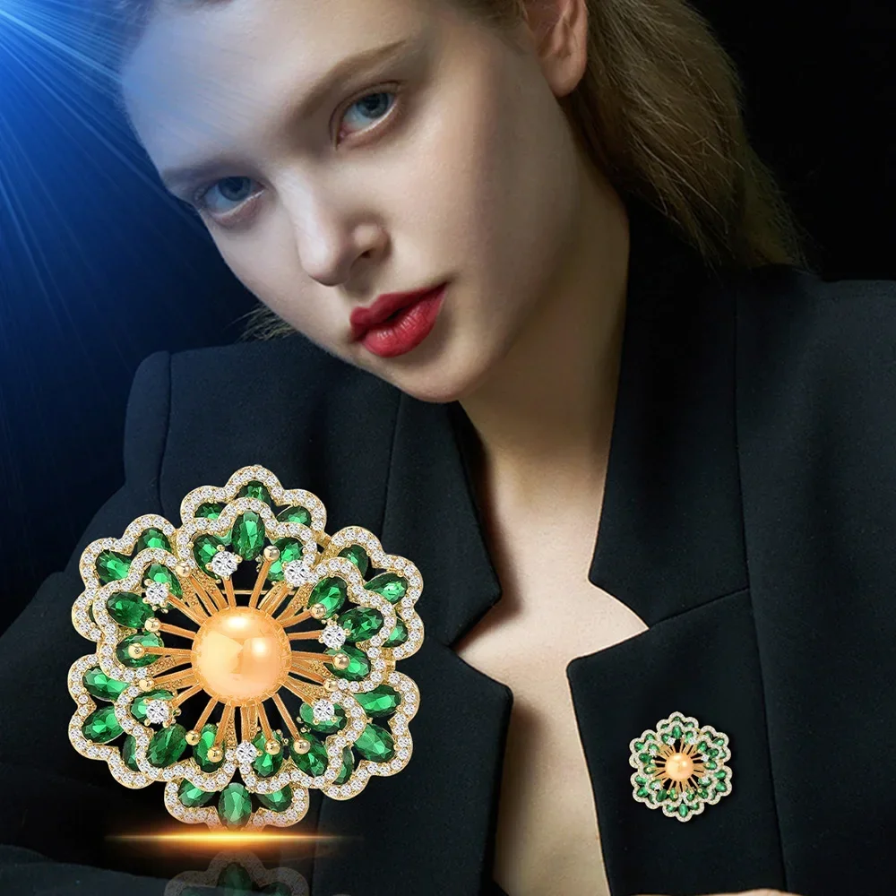 Luxury Zircon Peony Flower Brooch Elegant Pearl Begonia Brooches Metal Copper Coat Accessories Pins for Woman Jewelry Gifts