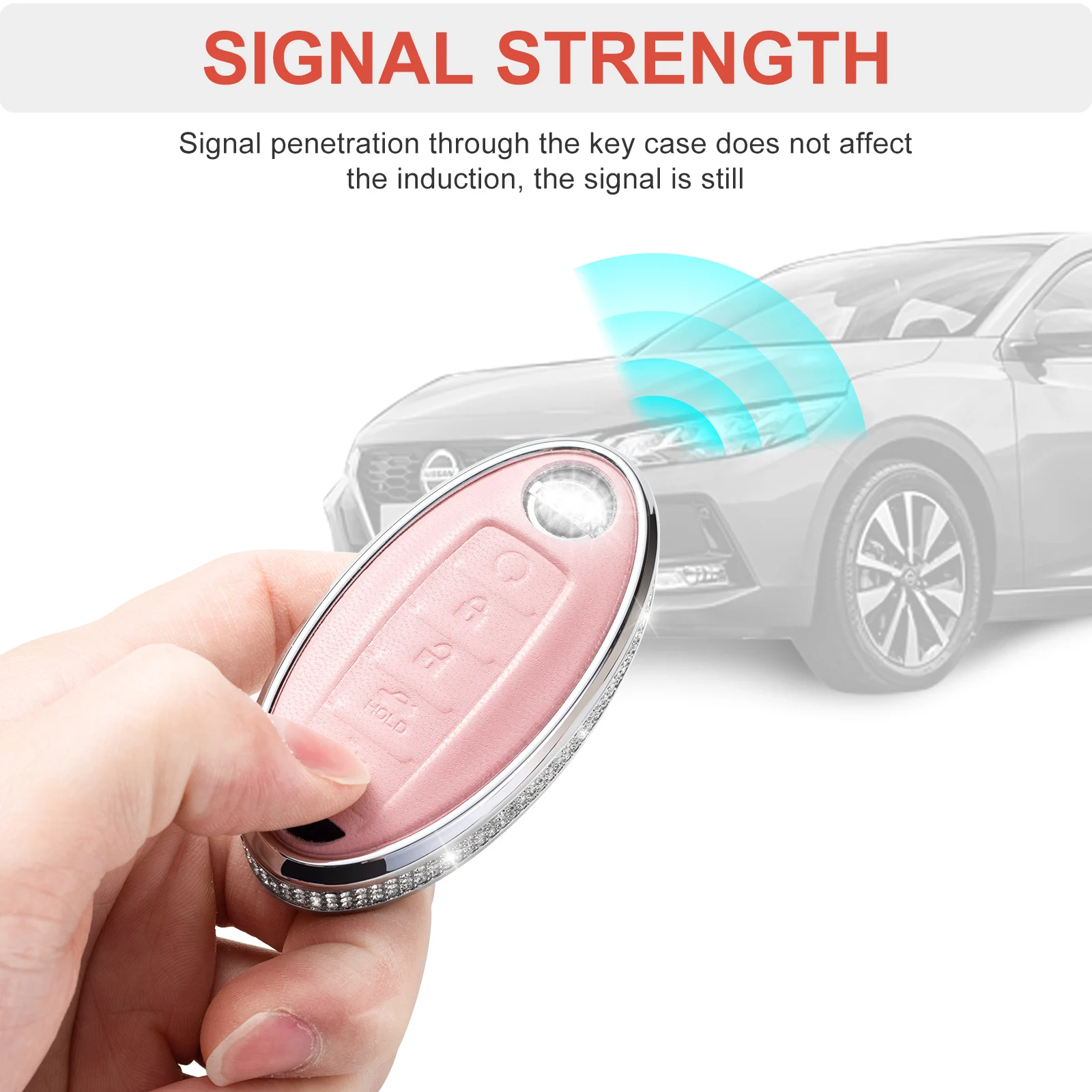 غطاء مفاتيح من الجلد الطبيعي مع سلسلة مفاتيح ، واقي مفاتيح كريستال ، متوافق مع نيسان ألتيما ، ماكسيما ، روغ ، أرمادا