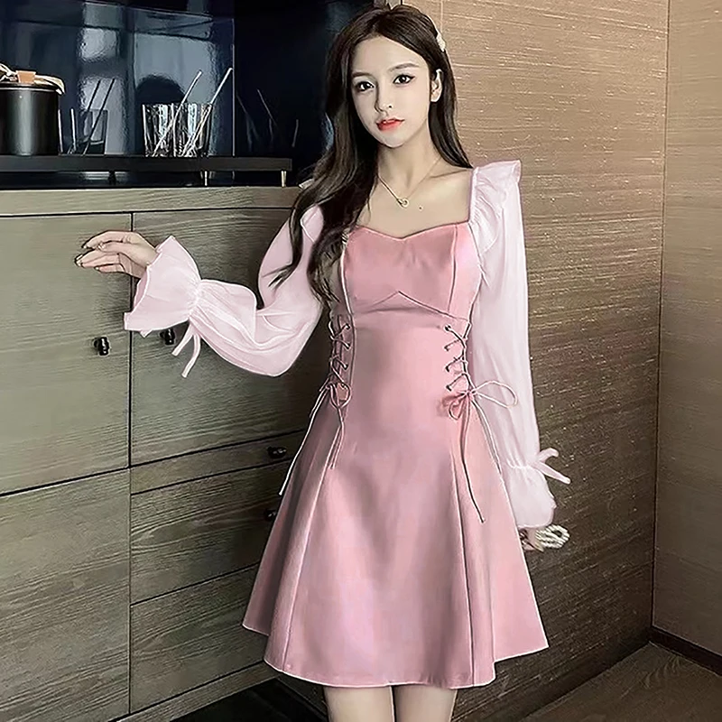 Mini Vintage Dress Women Square Collar Elegant Korean Long Sleeve Casual Dresses Sweet Pink Short Skirt