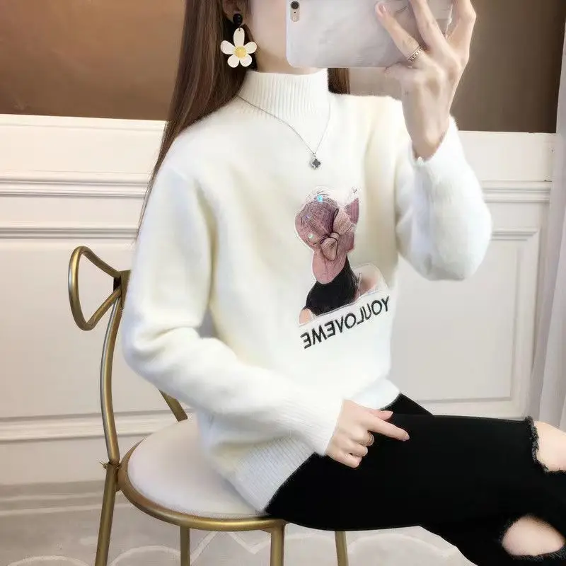 2023 New Autumn and Winter Fashion Solid Color Half High Neck Thread Splice Knitted Temperament Casual Loose Sweater for Women