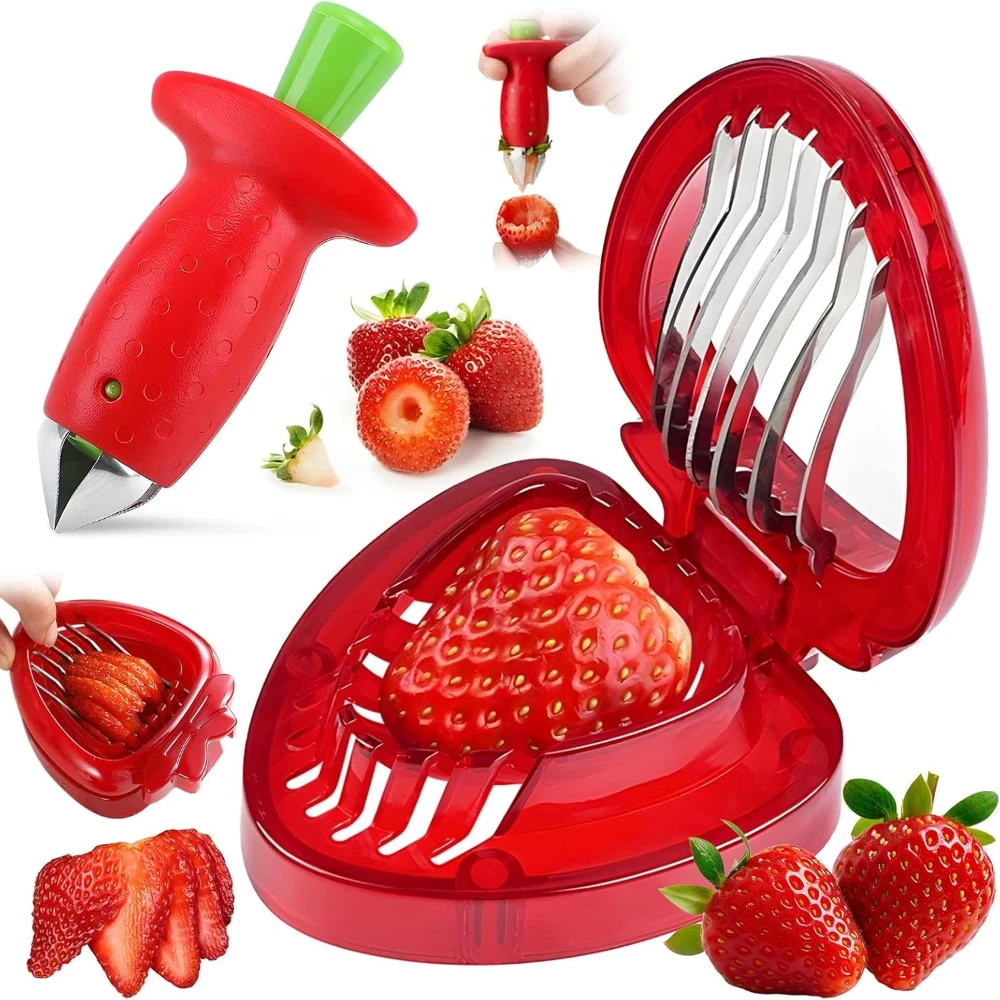 2PCS Strawberry Huller Stem Remover & Strawberry Slicer Set- Stainless Steel Blade Durable Easy to Clean Mini Kitchen Gadgets