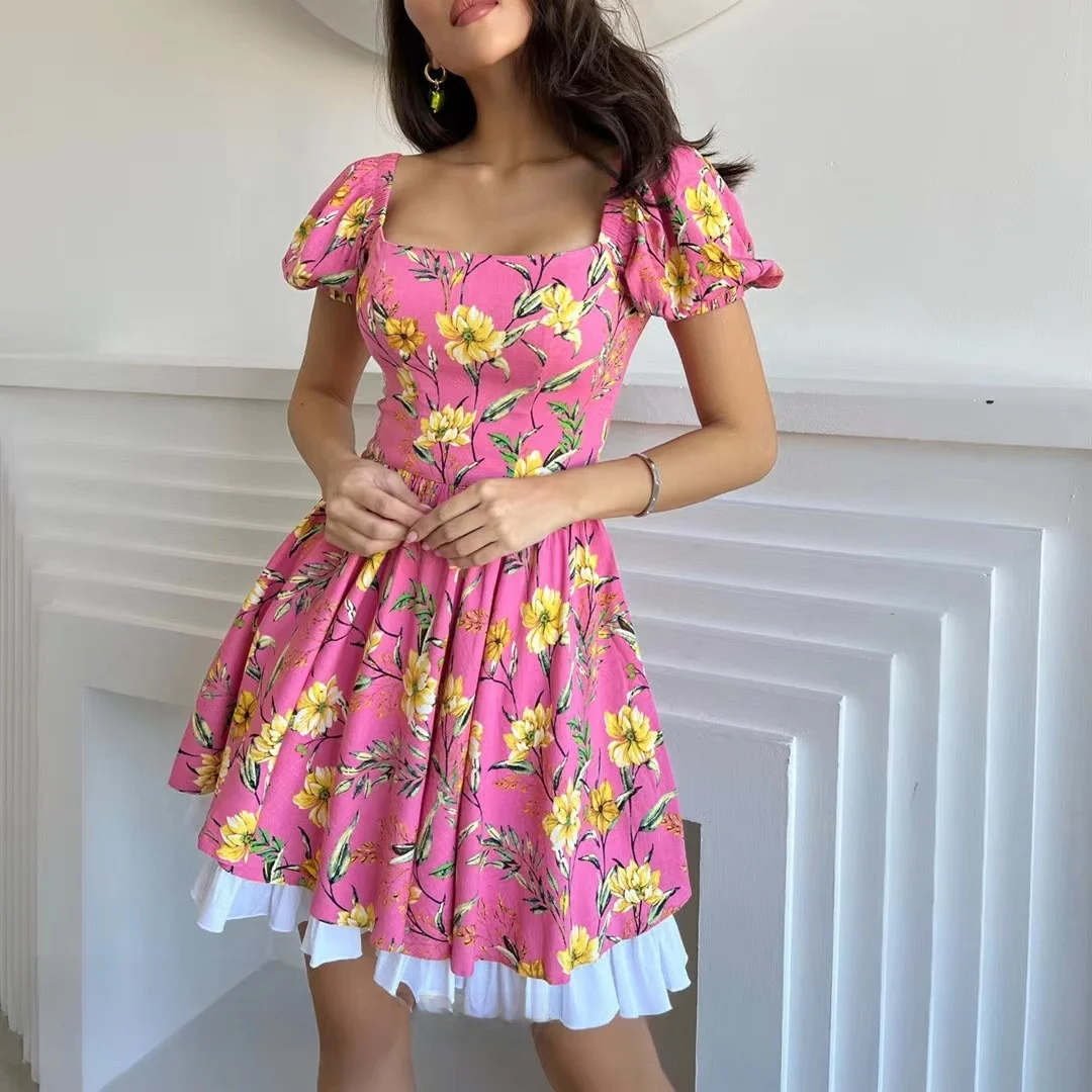 섹시한 스퀘어 넥 플로럴 드레스, 하이웨이스트 A라인 스커트, 출퇴근용 지퍼 클로저 드레스