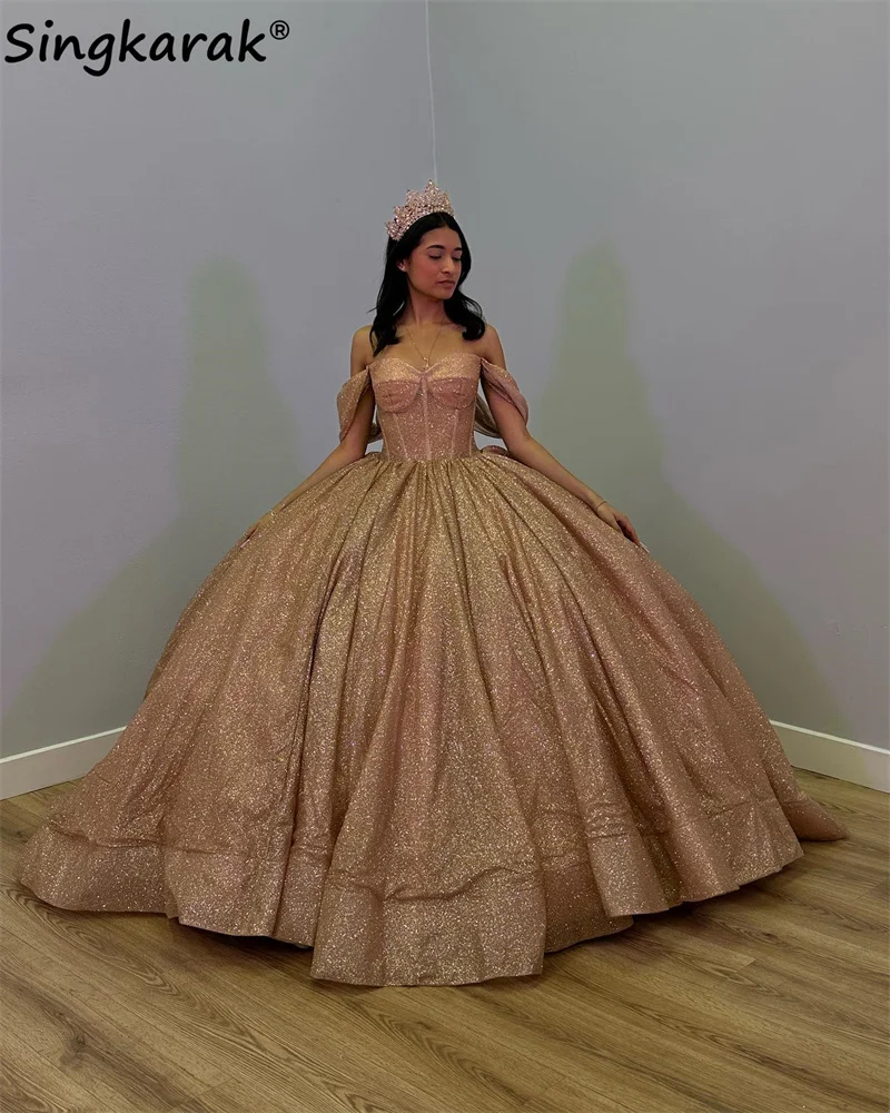 Vestido De baile De lujo para quinceañera, brillante, oro rosa 2023, sin hombros, dulce 16, con cordones, 15 años