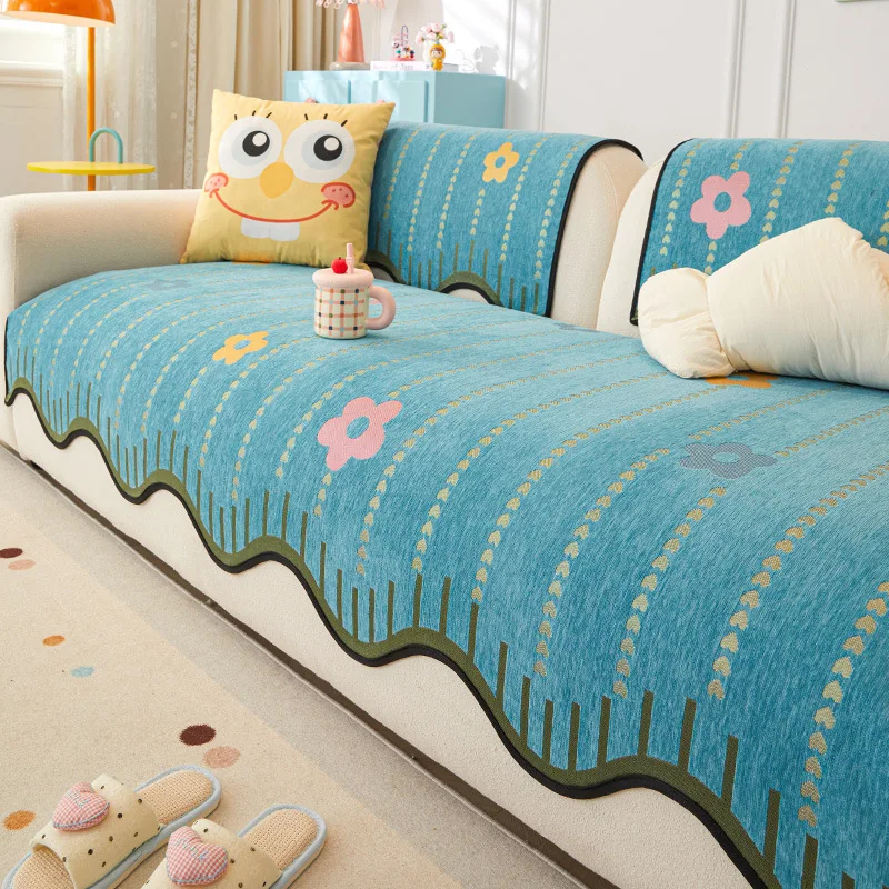 Irregular Dopamine Flower Sofa Cushion Chenille Anti-Scratch Anti-Slip Couch Cover Stripe Printing Dustproof Furniture Protector