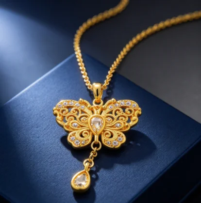Tassel flower silk inlay diamond butterfly pendant female sweet senior sense hollow necklace 9999gold