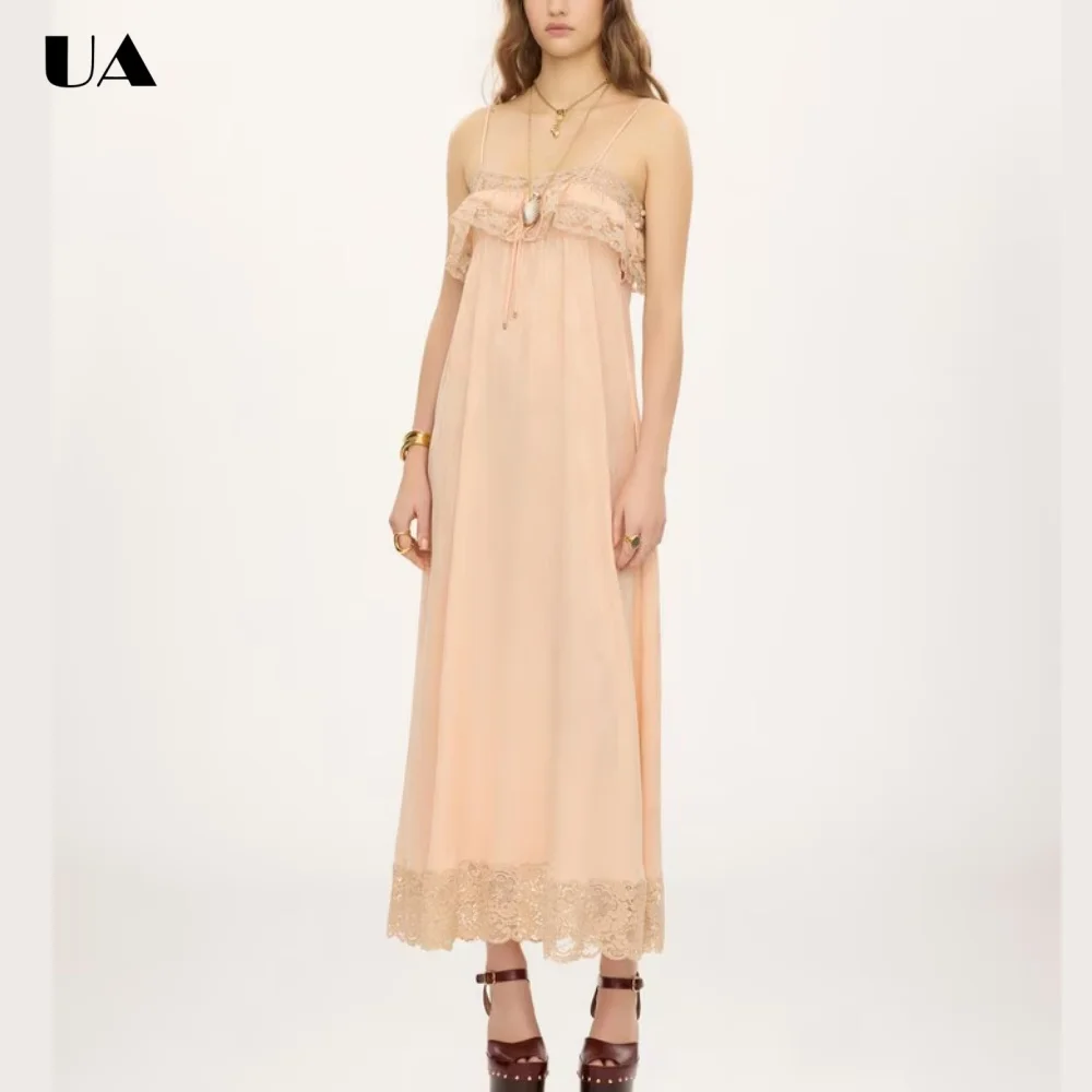 ULBYANRY Elegant Lace-trimmed Strapless Long Dress, Customized Spaghetti Strap Summer Dresses for Women, Romantic  Lace-up Dress