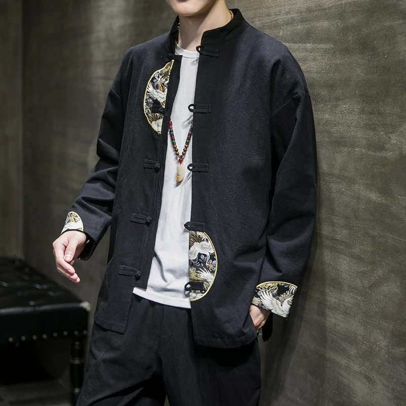 

Spring Cotton Jaet Men's Traditional Chinese Sle Youth Pure Color Stand Collar Single Button Long Sve Outerwear