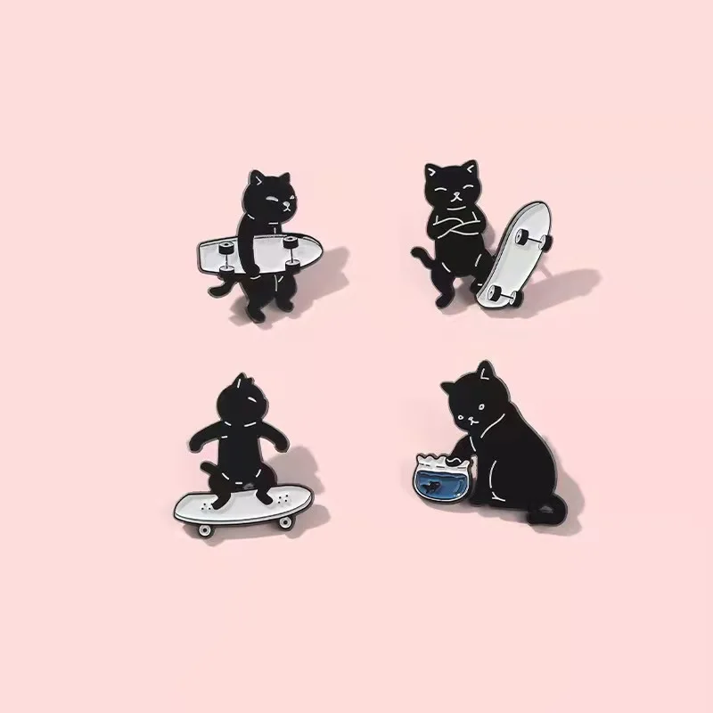 

Pin Club | Cartoon Skateboard White Black Cat Brooches Cool Kitten Custom Metal Lapel Clothes Badge Jewelry Gift Dropshipping