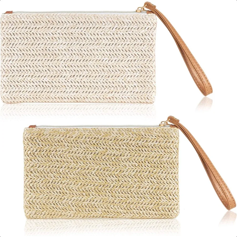 

2 Pieces Straw Clutch Purse Straw Handbag for Women Summer Beach Bag Bohemian Wristlet Bag BeigeWhite BeigeYellow