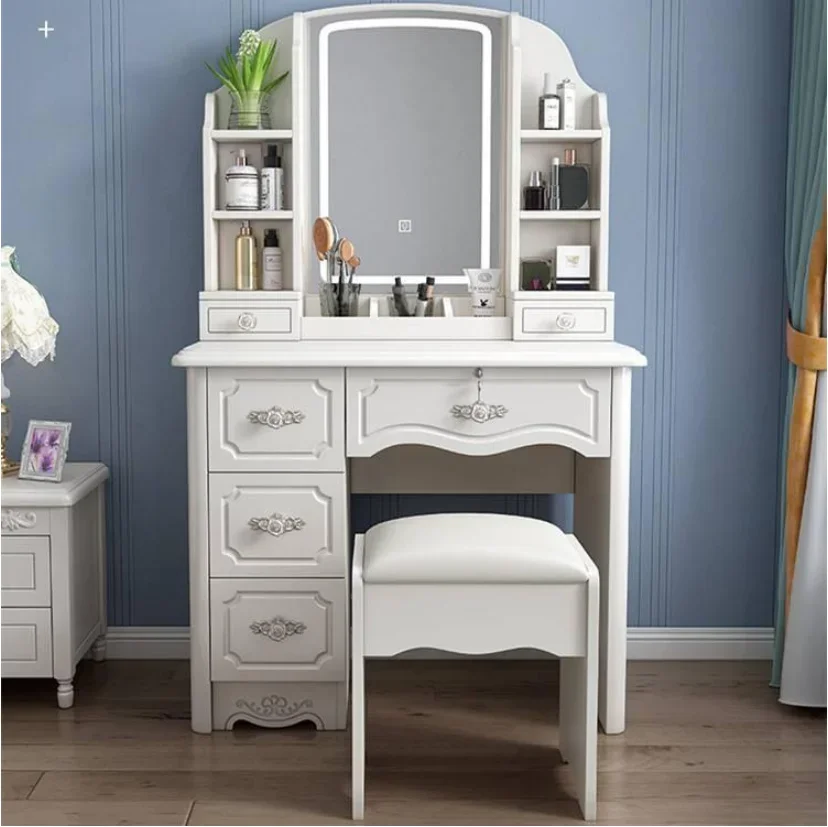 Simple Designs Wood Small Nordic Bedroom Vanity+Stoold Set Dressing Tables With Lighted Mirror And Drawer