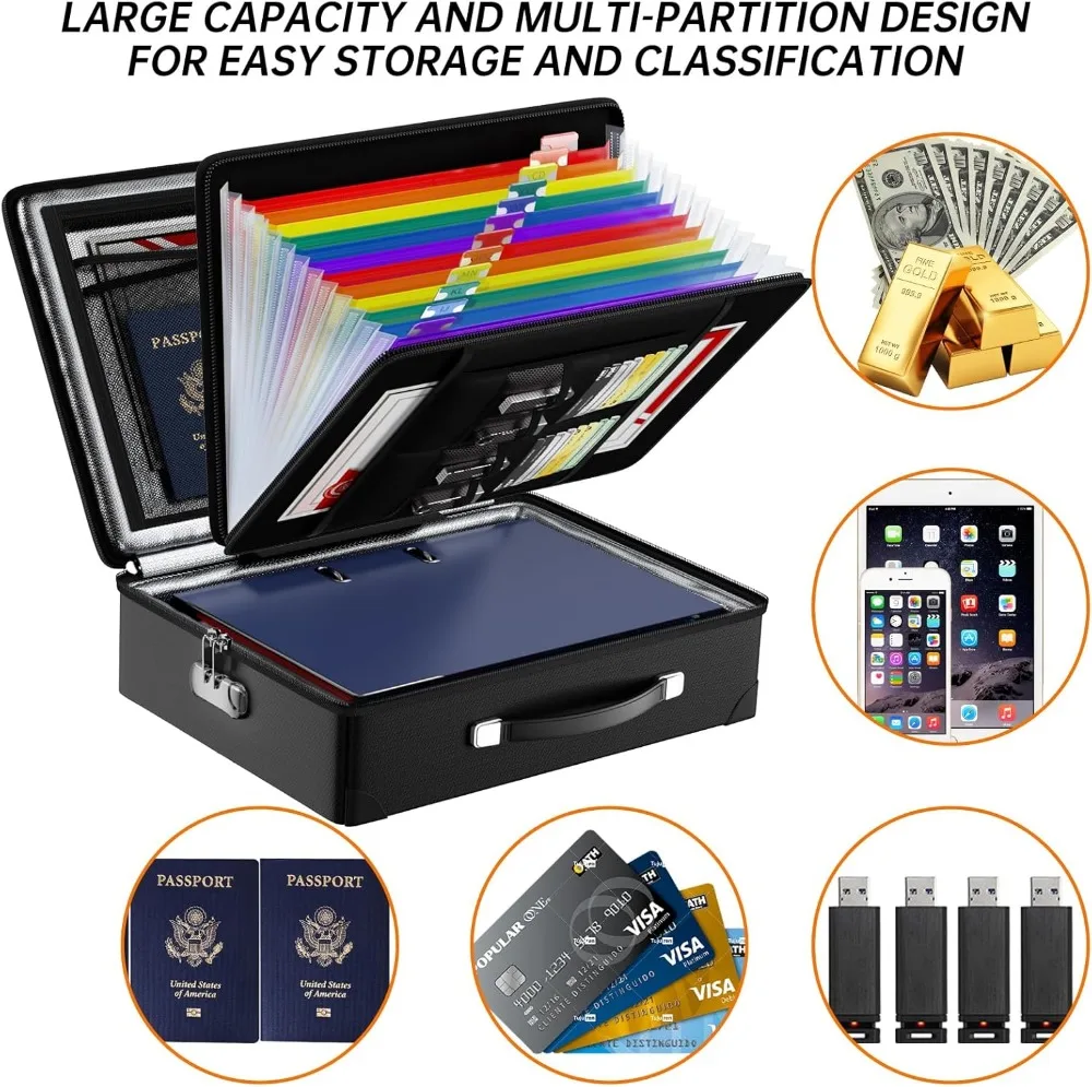 Fireproof Safe Box with Lock, Water Resistant Hard Case for Documents, Valuables, Laptop in Black