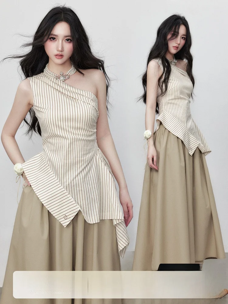 Elegant Striped Shoulder Bared T Shirt Asymmetrical Hem Design Summer New Style High End Feel Commute Style Slim Fit Polyeste...