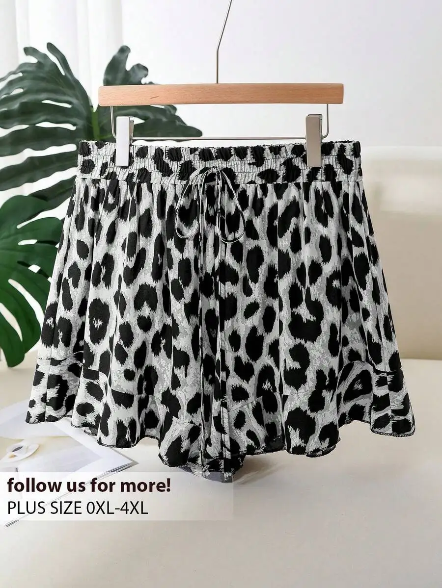 

Plus Size Women Summer Casual Leopard Print Tie Waist Ruffle Hem Loose Shorts
